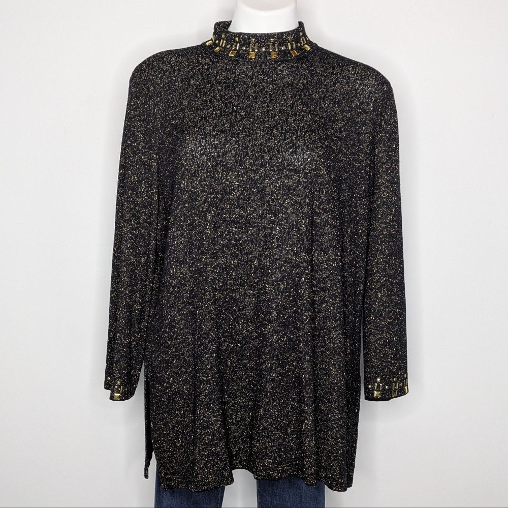 Ming Wang Black Metallic Gold Embellished Long Sleeve Sweater XL